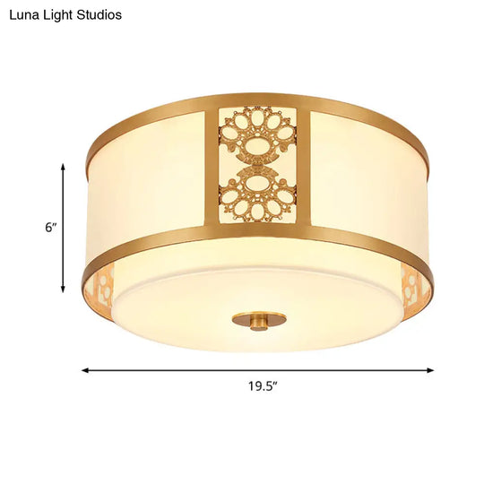 Brass Finish Dual Round Flush Mount Ceiling Lamp With Opaque Glass - 3/4 Light Minimalist Design