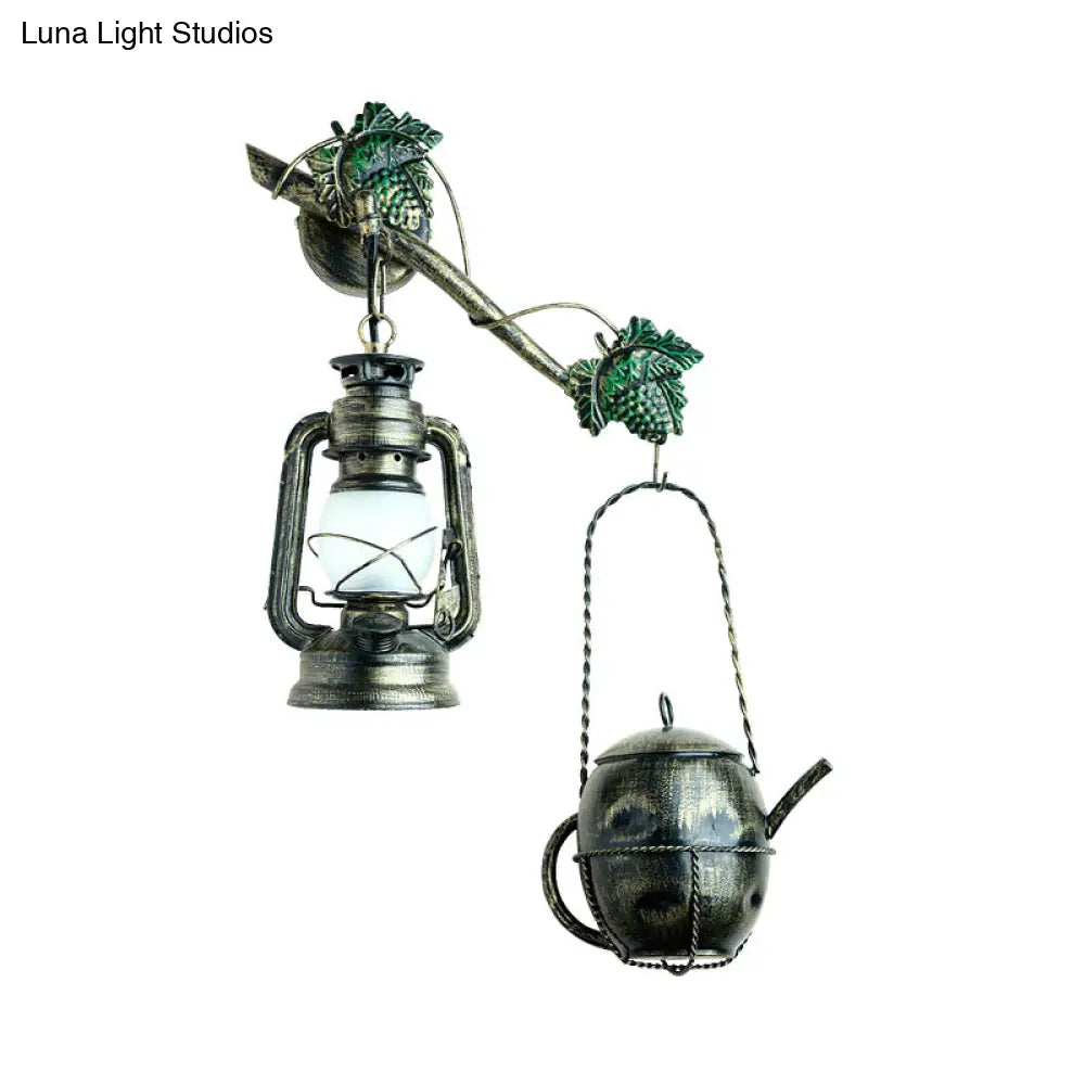 Brass Finish Lantern Wall Sconce With Cream Glass Shade - Vintage Metal Teapot Design 1-Light