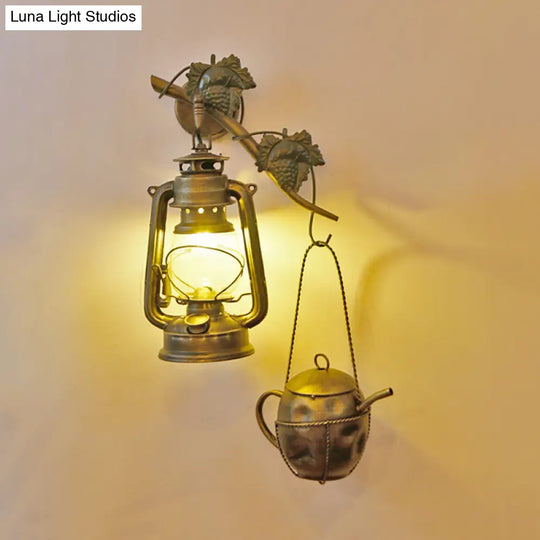 Brass Finish Lantern Wall Sconce With Cream Glass Shade - Vintage Metal Teapot Design 1-Light