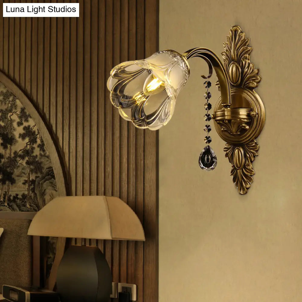 Brass Flower Frosted Glass Wall Mount Sconce Light Fixture For Traditional Bedroom- 1 Head