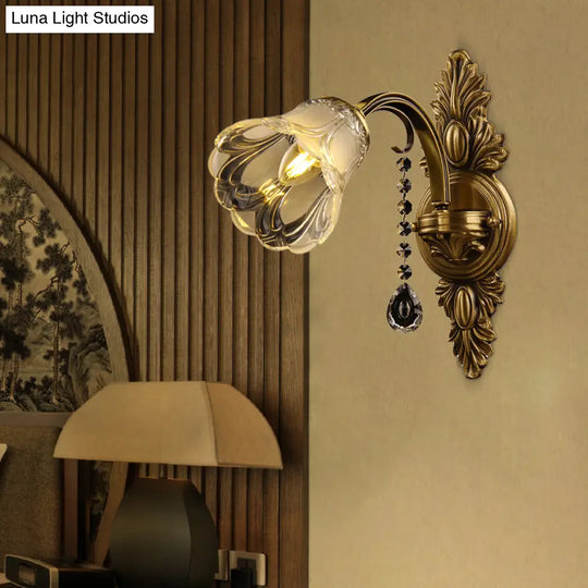 Brass Flower Frosted Glass Wall Mount Sconce Light Fixture For Traditional Bedroom- 1 Head