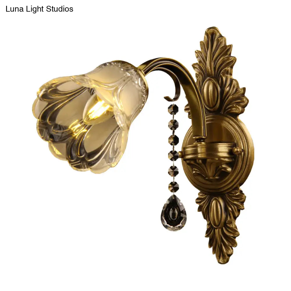 Brass Flower Frosted Glass Wall Mount Sconce Light Fixture For Traditional Bedroom- 1 Head