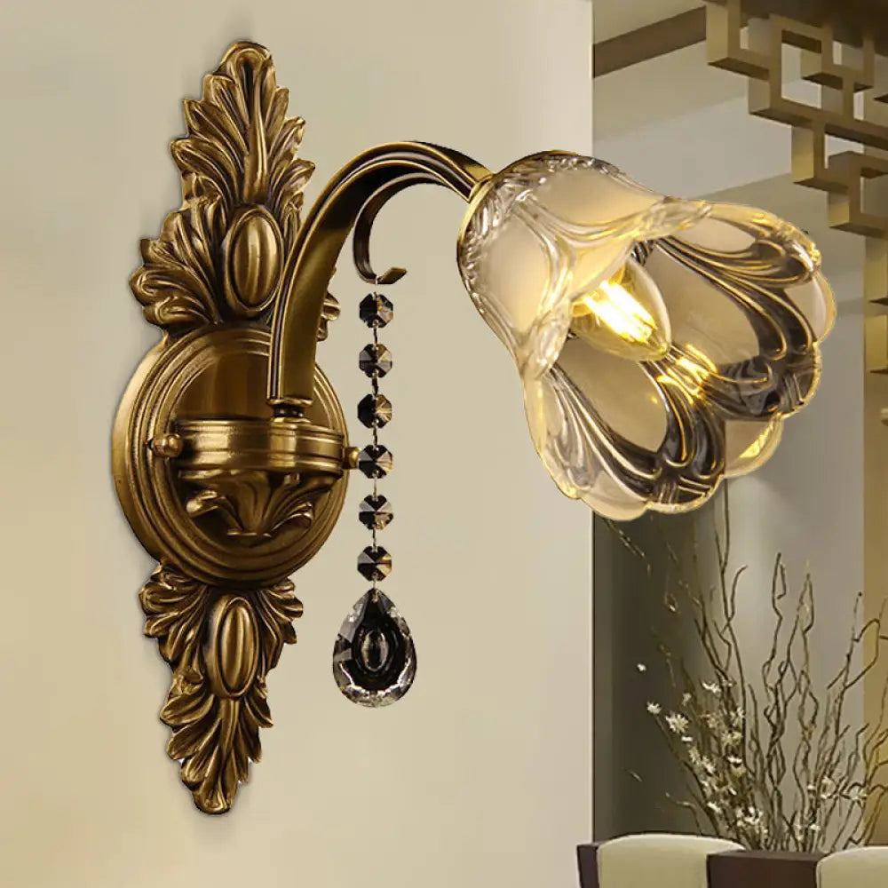 Brass Flower Frosted Glass Wall Mount Sconce Light Fixture For Traditional Bedroom- 1 Head