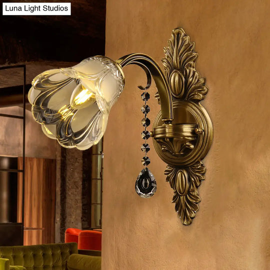 Brass Flower Frosted Glass Wall Mount Sconce Light Fixture For Traditional Bedroom- 1 Head