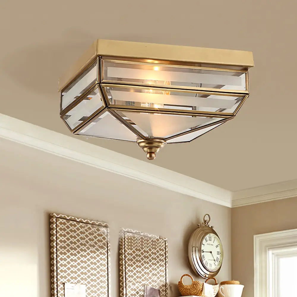 Brass Flush Mount Ceiling Light Fixture For Dining Room - Tradition Rectangle Design Frosted Opal