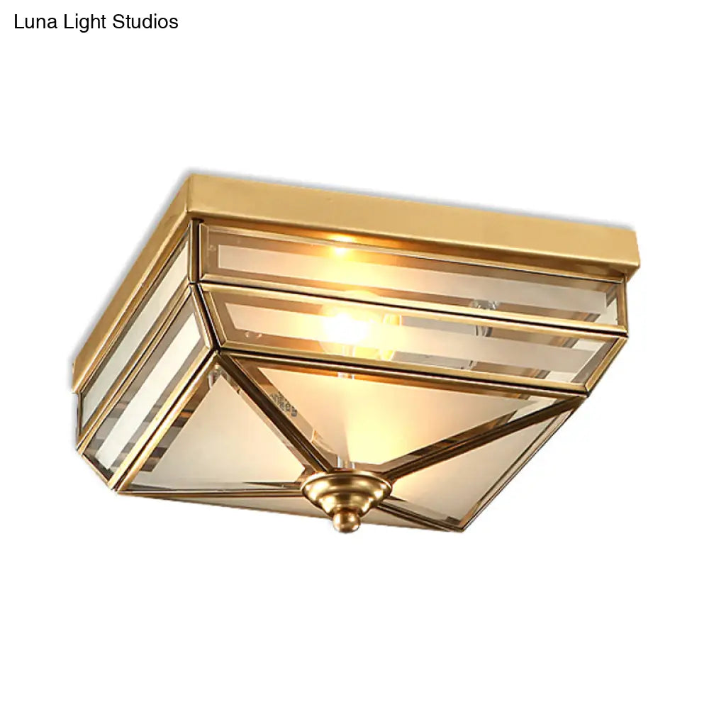 Brass Flush Mount Ceiling Light Fixture For Dining Room - Tradition Rectangle Design Frosted Opal