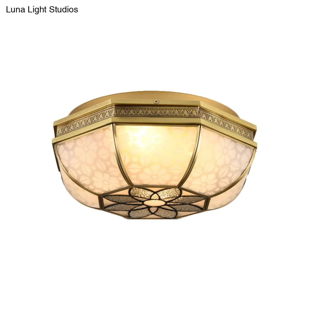 Brass Flush Mount Ceiling Light With Beveled Opaque Glass - 4 Bulbs For Bedroom