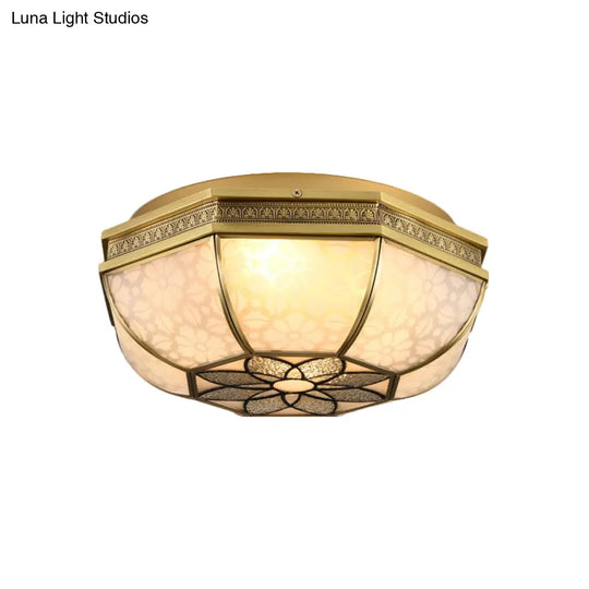 Brass Flush Mount Ceiling Light With Beveled Opaque Glass - 4 Bulbs For Bedroom