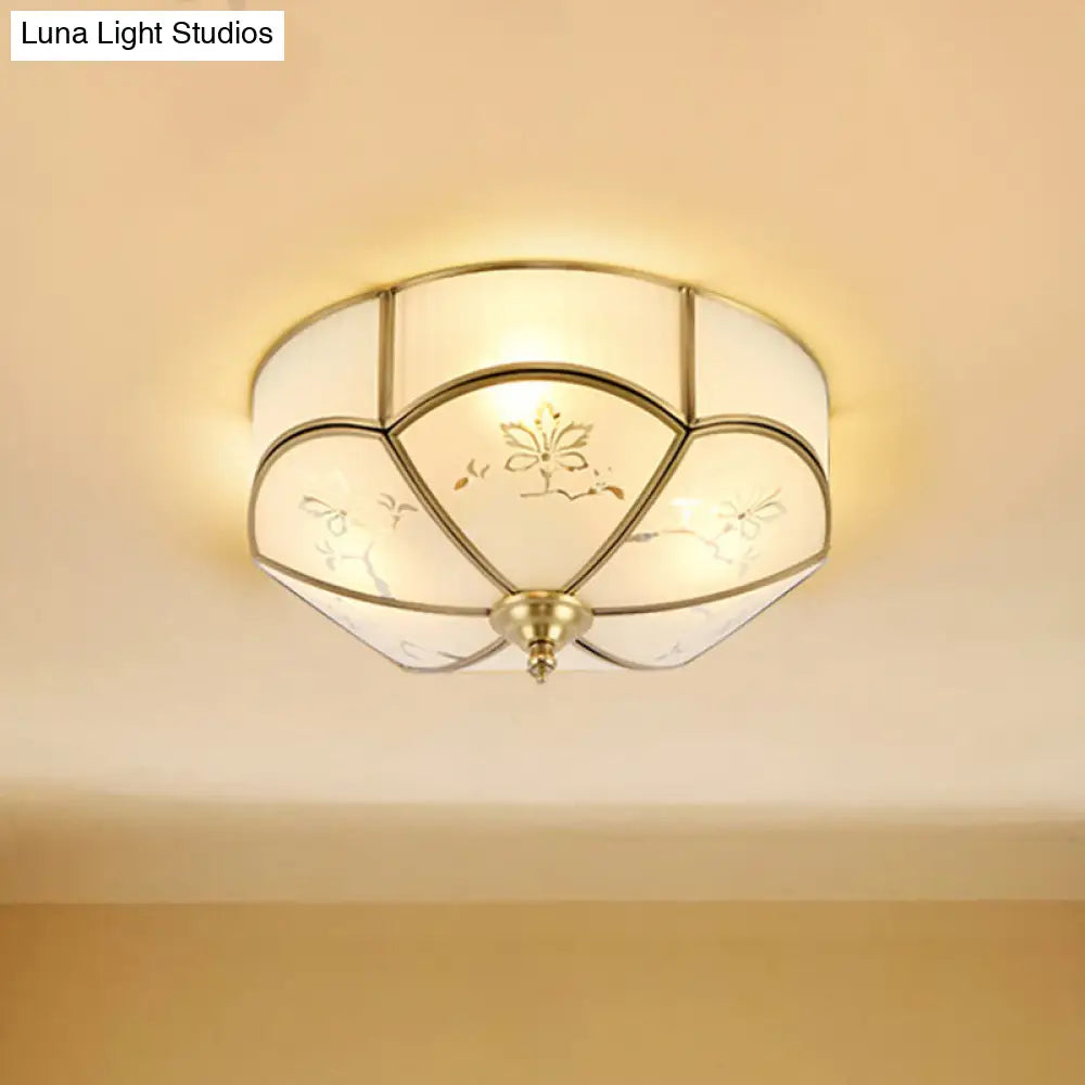 Brass Flush Mount Lamp With Colonial Sandblasted Glass - 3/4/6 Head Options / 14