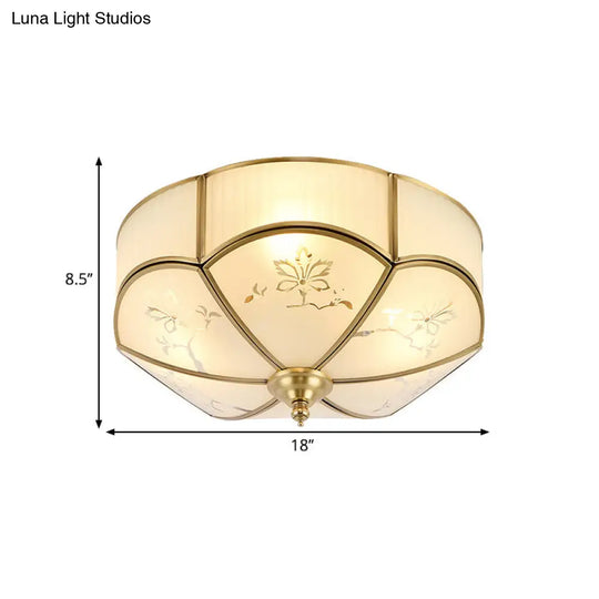 Brass Flush Mount Lamp With Colonial Sandblasted Glass - 3/4/6 Head Options