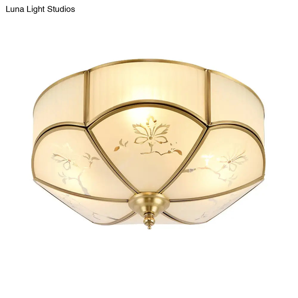 Brass Flush Mount Lamp With Colonial Sandblasted Glass - 3/4/6 Head Options