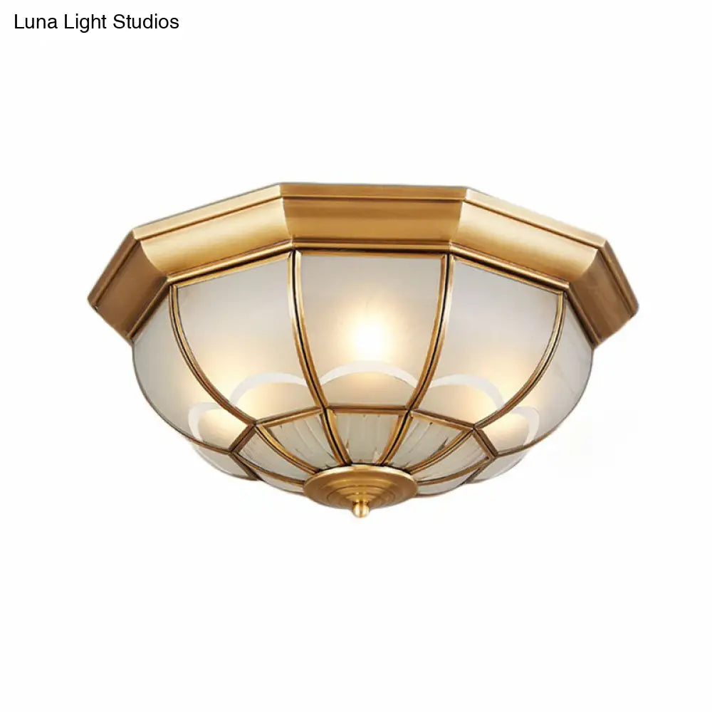 Brass Flush Mount Lamp With Frost Glass Dome – Classic Bedroom Ceiling Lighting Fixture