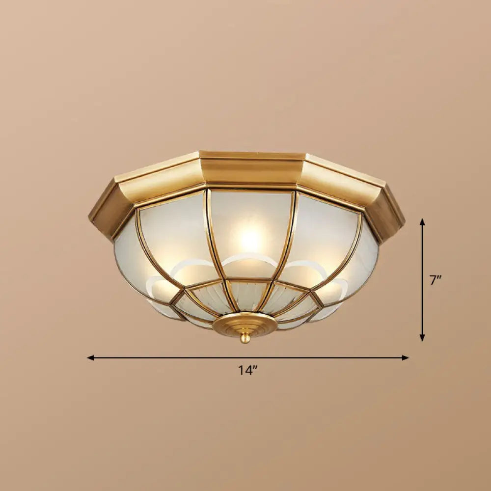 Brass Flush Mount Lamp With Frost Glass Dome – Classic Bedroom Ceiling Lighting Fixture / 14’