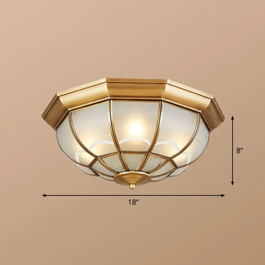 Brass Flush Mount Lamp With Frost Glass Dome – Classic Bedroom Ceiling Lighting Fixture / 18’