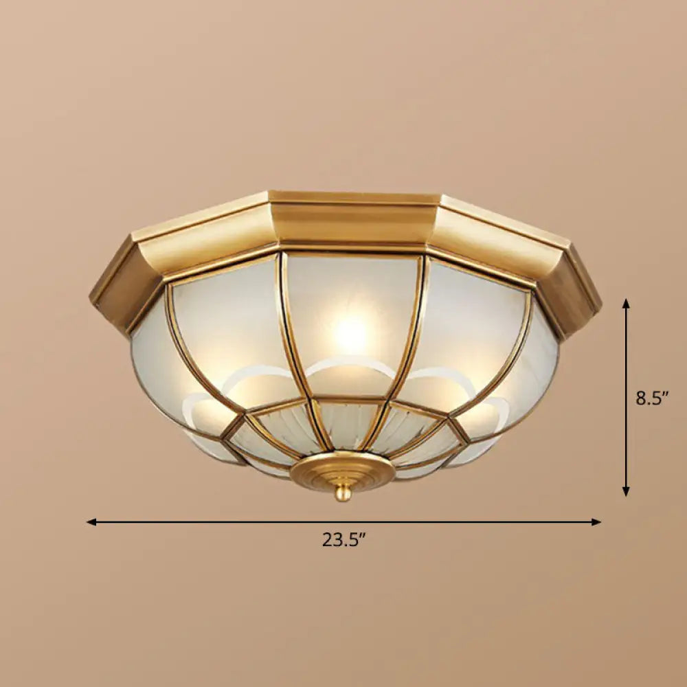 Brass Flush Mount Lamp With Frost Glass Dome – Classic Bedroom Ceiling Lighting Fixture / 23.5’