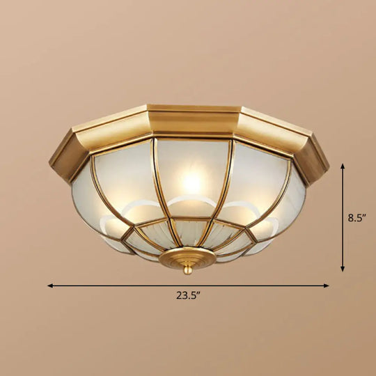 Brass Flush Mount Lamp With Frost Glass Dome – Classic Bedroom Ceiling Lighting Fixture / 23.5’