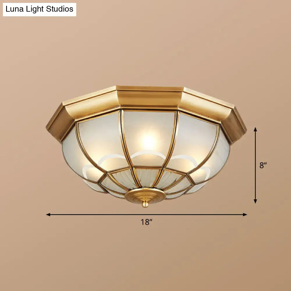 Brass Flush Mount Lamp With Frost Glass Dome Classic Bedroom Ceiling Lighting Fixture / 18