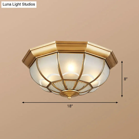 Brass Flush Mount Lamp With Frost Glass Dome Classic Bedroom Ceiling Lighting Fixture / 18