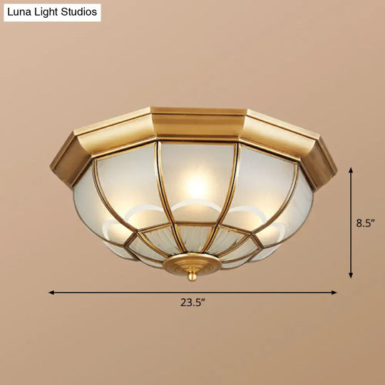 Brass Flush Mount Lamp With Frost Glass Dome Classic Bedroom Ceiling Lighting Fixture / 23.5