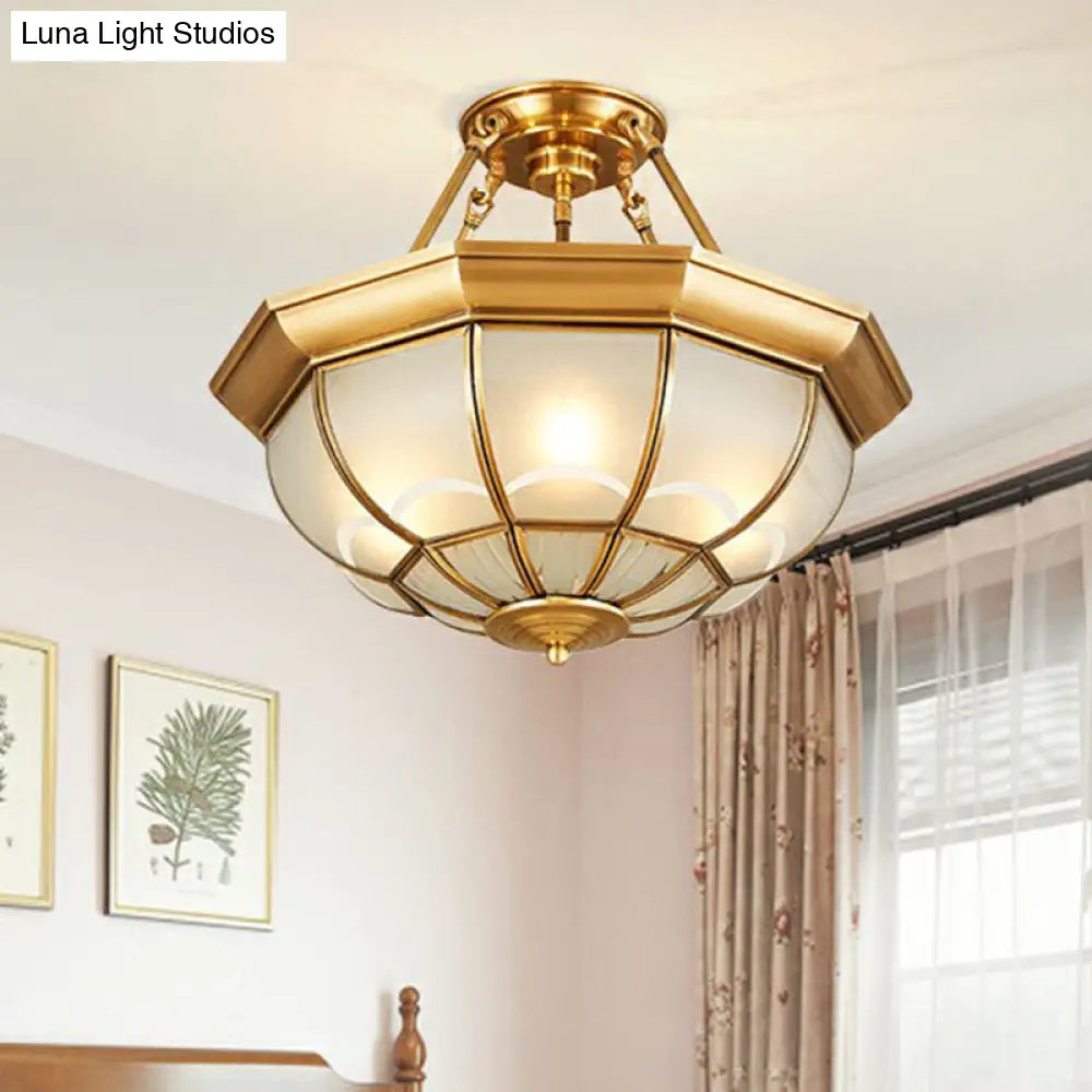 Brass Flush Mount Lamp With Frost Glass Dome Classic Bedroom Ceiling Lighting Fixture