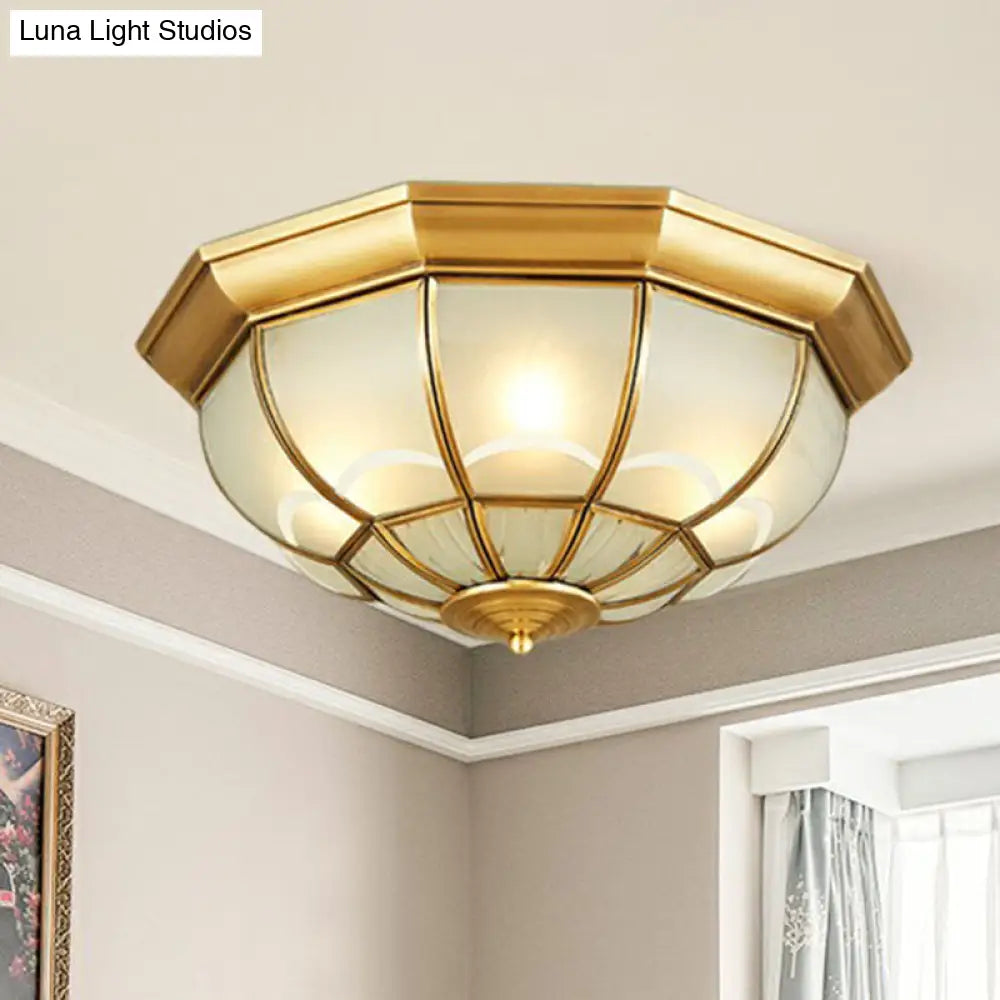 Brass Flush Mount Lamp With Frost Glass Dome Classic Bedroom Ceiling Lighting Fixture