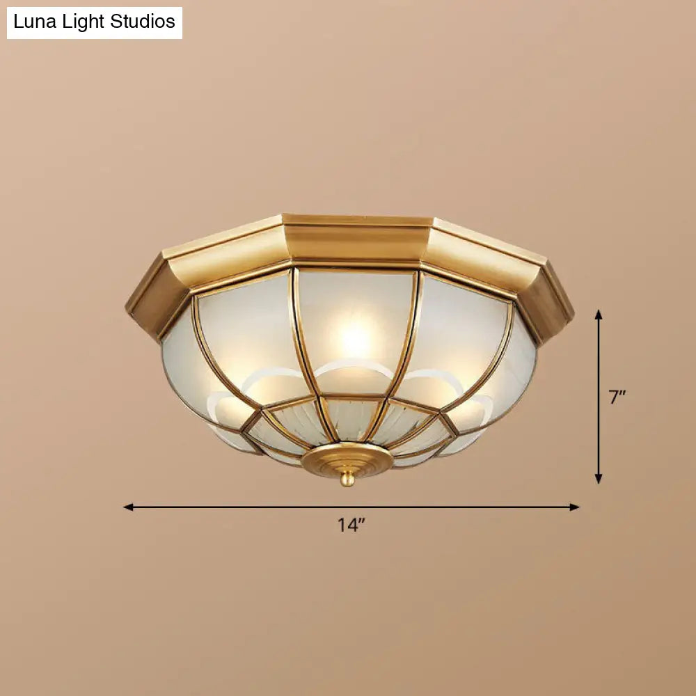 Brass Flush Mount Lamp With Frost Glass Dome Classic Bedroom Ceiling Lighting Fixture / 14