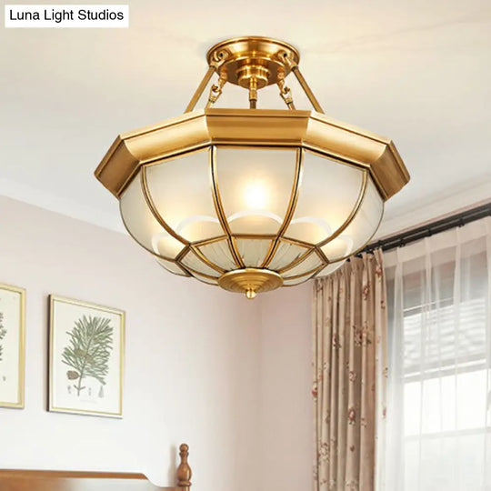 Brass Flush Mount Lamp With Frost Glass Dome – Classic Bedroom Ceiling Lighting Fixture