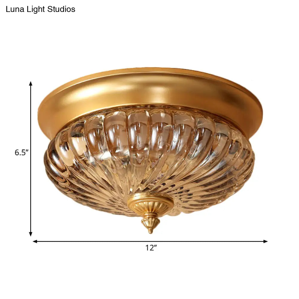 Brass Flush Mount Lamp With Prismatic Glass Dome For Corridor - 2 Heads Colonial Style 10’/12’ W