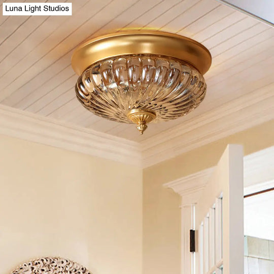 Brass Flush Mount Lamp With Prismatic Glass Dome For Corridor - 2 Heads Colonial Style 10/12 W / 10