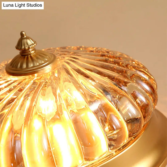 Brass Flush Mount Lamp With Prismatic Glass Dome For Corridor - 2 Heads Colonial Style 10/12 W