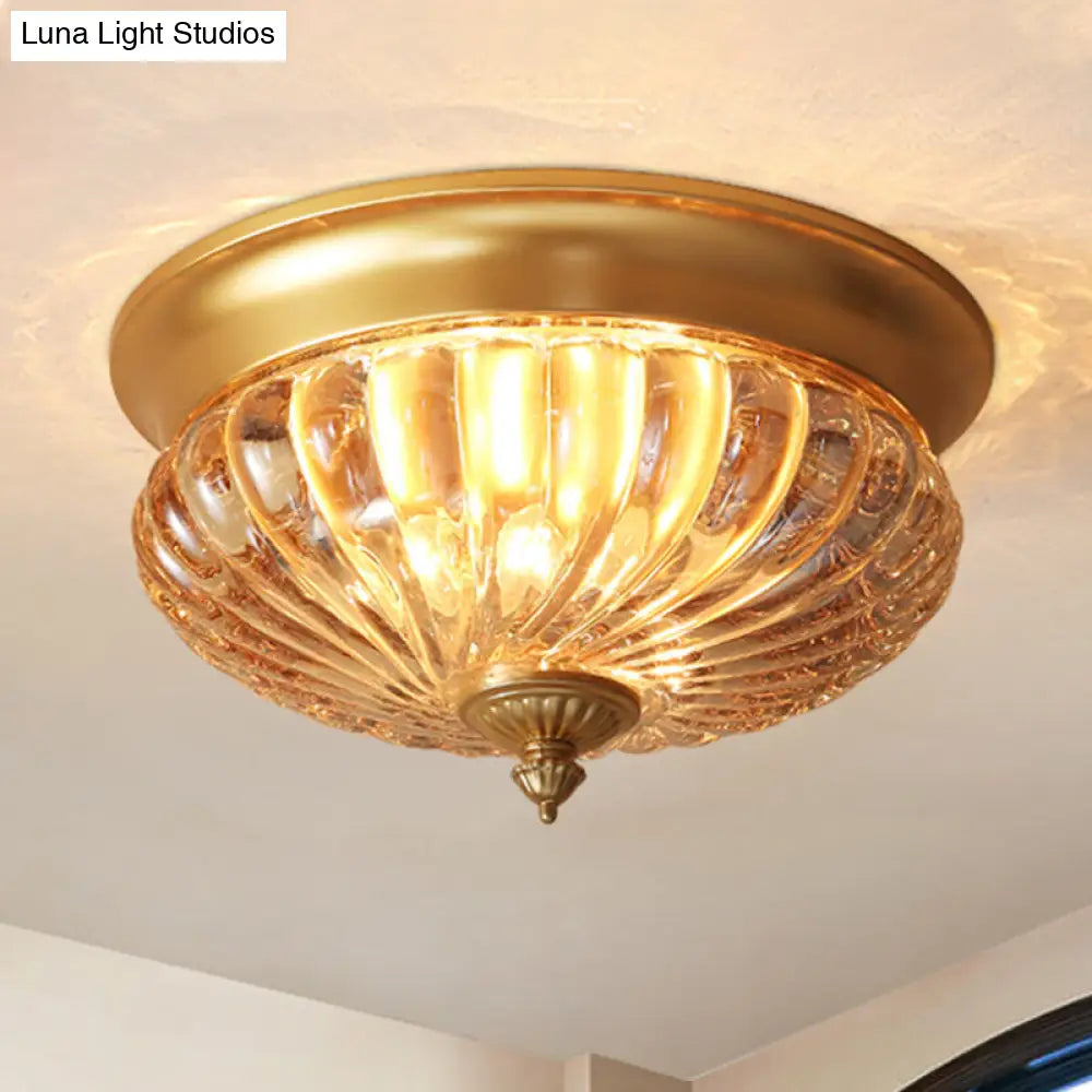 Brass Flush Mount Lamp With Prismatic Glass Dome For Corridor - 2 Heads Colonial Style 10/12 W