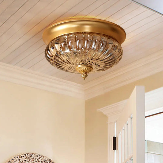 Brass Flush Mount Lamp With Prismatic Glass Dome For Corridor - 2 Heads Colonial Style 10’/12’