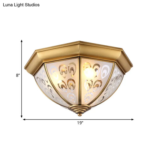 Brass Flush Mount Lamp With Sandblasted Glass Bowl - Colonial Style Ceiling Fixture For Study Room