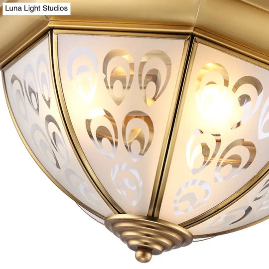 Brass Flush Mount Lamp With Sandblasted Glass Bowl - Colonial Style Ceiling Fixture For Study Room