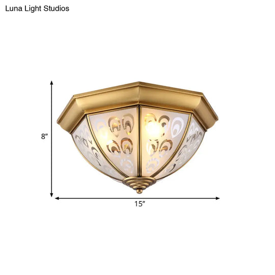 Brass Flush Mount Lamp With Sandblasted Glass Bowl - Colonial Style Ceiling Fixture For Study Room