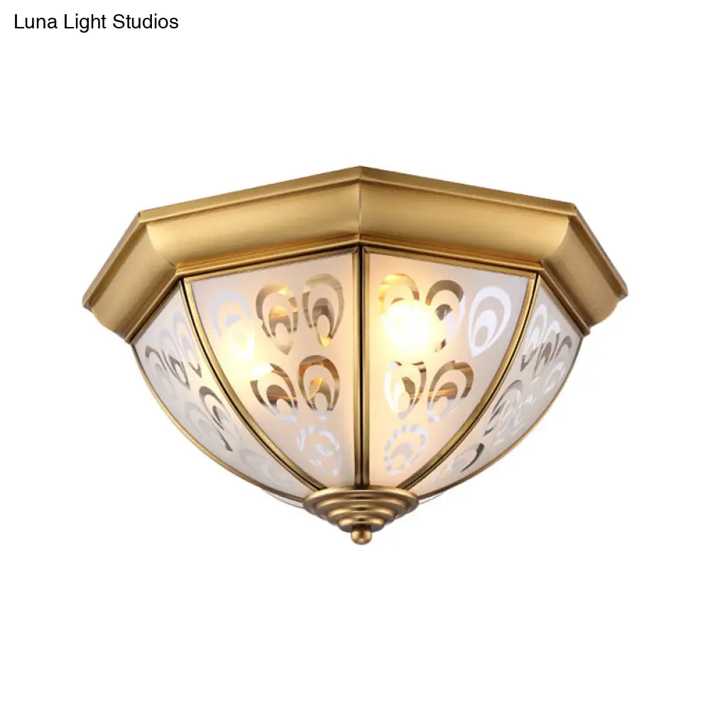 Brass Flush Mount Lamp With Sandblasted Glass Bowl - Colonial Style Ceiling Fixture For Study Room