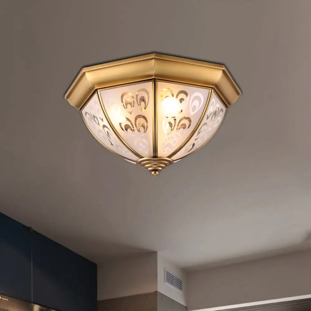 Brass Flush Mount Lamp With Sandblasted Glass Bowl - Colonial Style Ceiling Fixture For Study Room