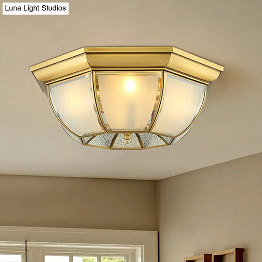 Brass Flushmount Light With Minimalist Bowl Shape & Frosted Glass Pane Sleek Ceiling Fixture