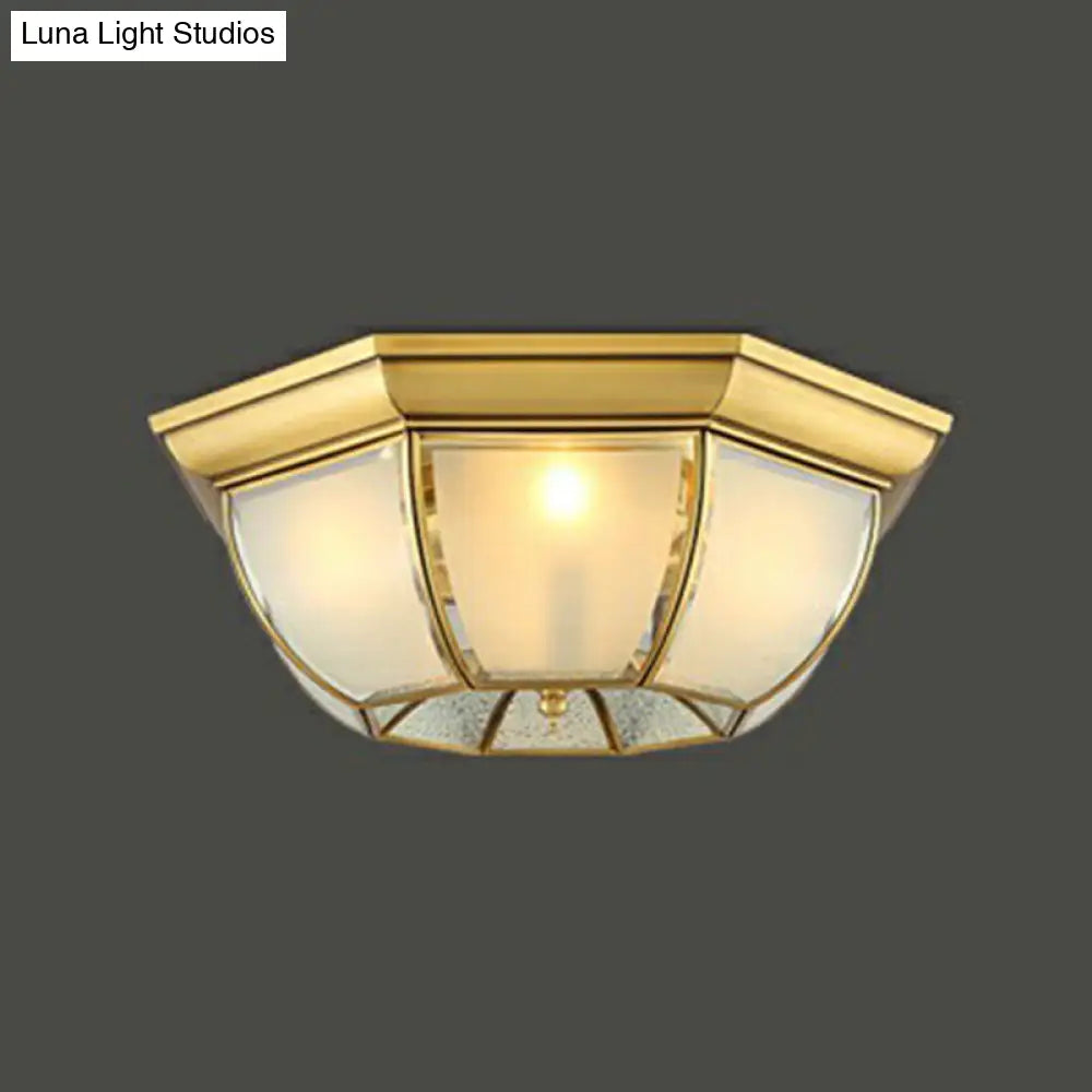 Brass Flushmount Light With Minimalist Bowl Shape & Frosted Glass Pane Sleek Ceiling Fixture / 19.5