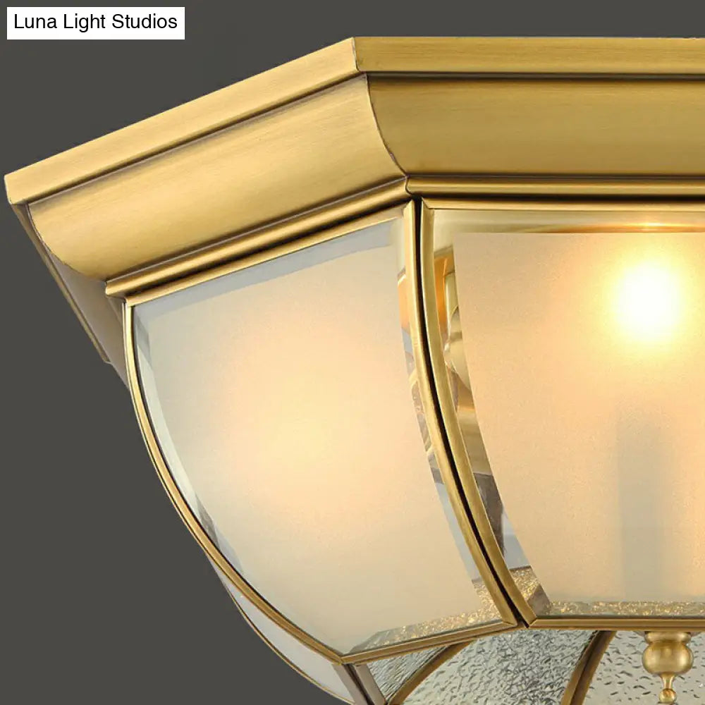 Brass Flushmount Light With Minimalist Bowl Shape & Frosted Glass Pane Sleek Ceiling Fixture