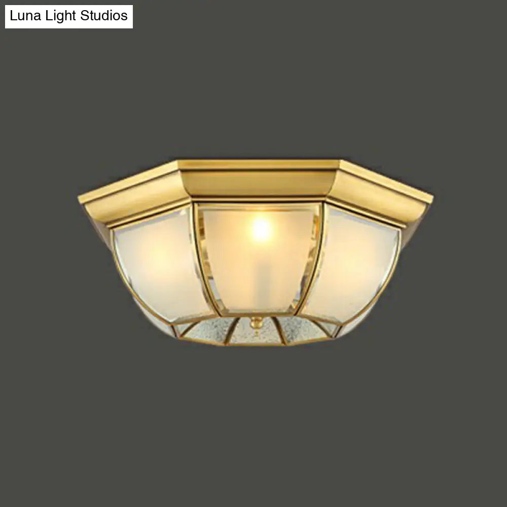 Brass Flushmount Light With Minimalist Bowl Shape & Frosted Glass Pane Sleek Ceiling Fixture / 16