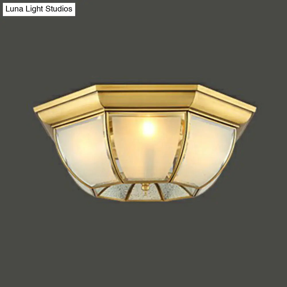 Brass Flushmount Light With Minimalist Bowl Shape & Frosted Glass Pane Sleek Ceiling Fixture / 23.5