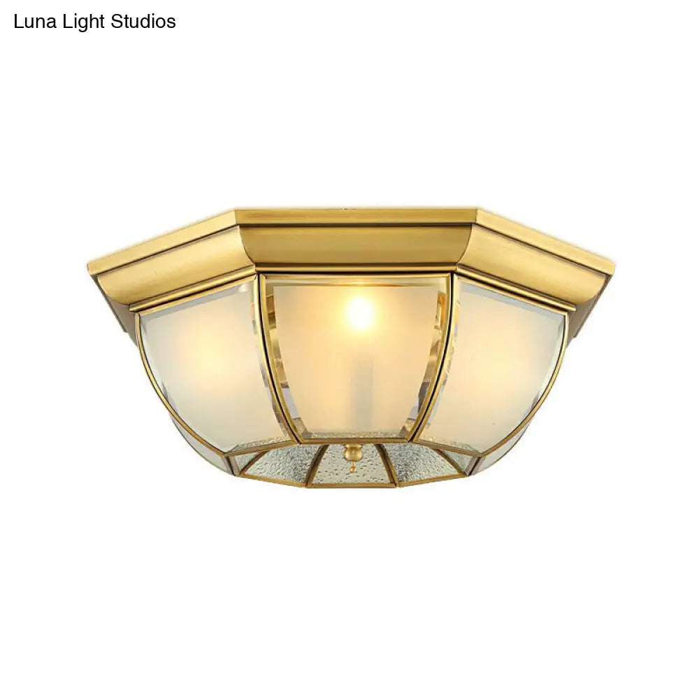 Brass Flushmount Light With Minimalist Bowl Shape & Frosted Glass Pane Sleek Ceiling Fixture