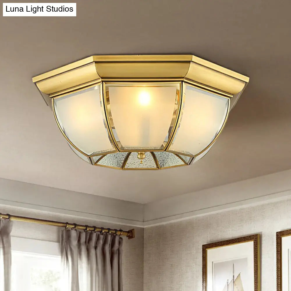 Brass Flushmount Light With Minimalist Bowl Shape & Frosted Glass Pane Sleek Ceiling Fixture