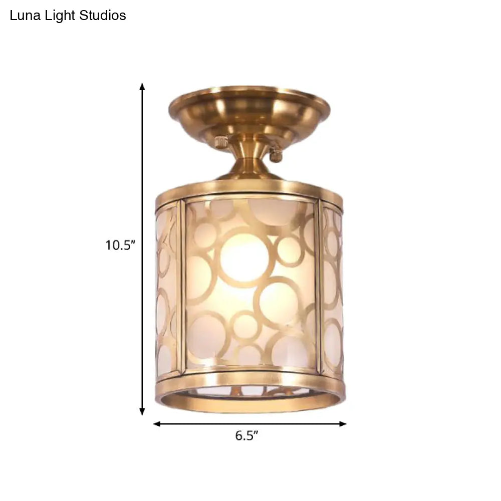 Brass Frosted Glass Ceiling Flush Mount Lamp Colonialist Style For Living Room