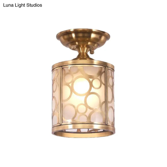 Brass Frosted Glass Ceiling Flush Mount Lamp Colonialist Style For Living Room