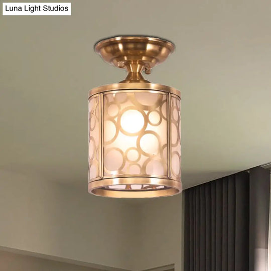 Brass Frosted Glass Ceiling Flush Mount Lamp Colonialist Style For Living Room / Circle