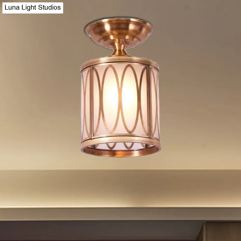 Brass Frosted Glass Ceiling Flush Mount Lamp Colonialist Style For Living Room