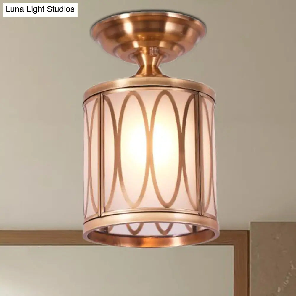 Brass Frosted Glass Ceiling Flush Mount Lamp Colonialist Style For Living Room / Oval