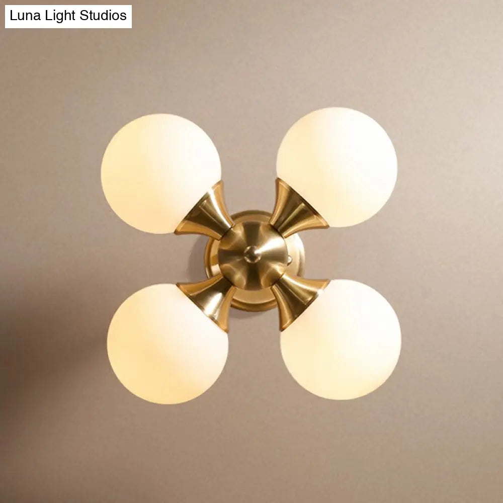 Brass Globe Semi Flush Mount Light With Opal Glass - Postmodern Design For Bedroom